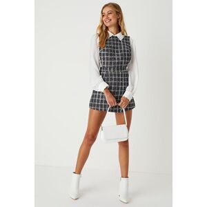 Lulus Uptown Charm Navy Blue Plaid Tweed Skort Romper - Size L